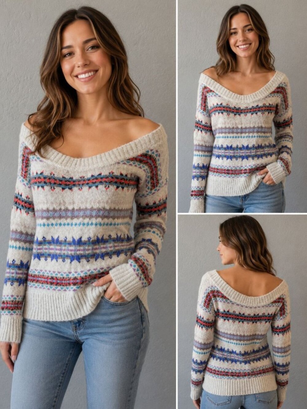 American Eagle Outfitters off-the-shoulder Fair Isle a wide scoop neckline Sz M